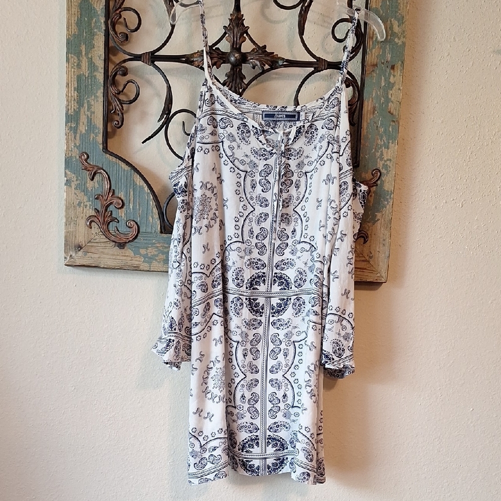 Blue and White Asymmetrical Blouse with Bishop Sleeve Size L/XL